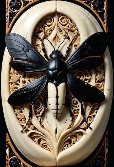insect,
bug made out of, ebony, ivory, scrimshaw, bone carving, 
depth of field, dramatic lighting, detailed shadows, 
blurry background, extreme close up, intricate detail,
 <lora:Ebony_and_Ivory_Scrimshaw_style_-_SDXL:1>, masterpiece, best_quality, amazing_quality, very_aesthetic, 8k, high_quality, highres, absurdres, subject_focus,