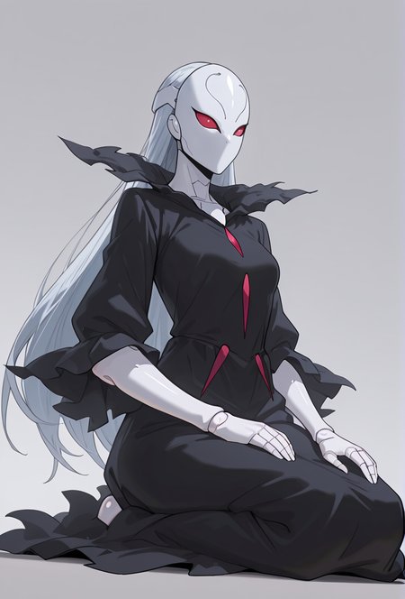 Smooth Quality,masterpiece,very intricate, high quality details, ultra realistic, high detailed skin,detailed enviorement,absurdres,
simple background, white background, 
dutch angle,solo,seiza,
 <lora:Berettacnn:0.8>  beretacnn,1girl, long hair,red eyes, (mask:1.1), black dress,silver hair, doll joints, no humans, no mouth,