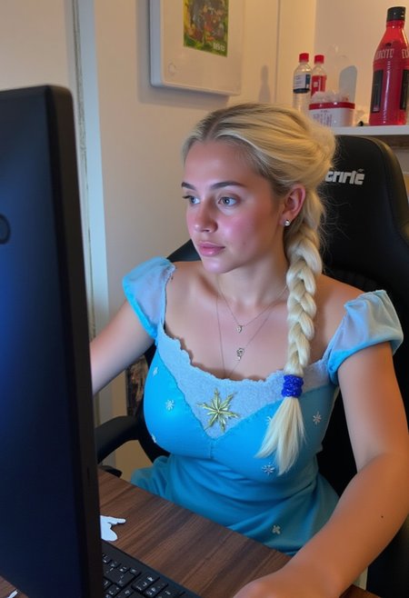 A quickly snapped, downblouse, unprofessional Snapchat photo of a gamer beautiful woman 20yo sitting at her PC. She is looking like Elsa from Aendelle, blonde single braid, wearing sex blue dress with snowflake motif, in the style of Elsa from Arendelle, she is  in front of her monitor, which is slightly blurred in the shot. SHe is very sexy and pretty, the image might be out of focus or poorly lit. The background is messy, with drink cans and snacks on the table, while she is fully immersed in the game, not paying attention to the camera.