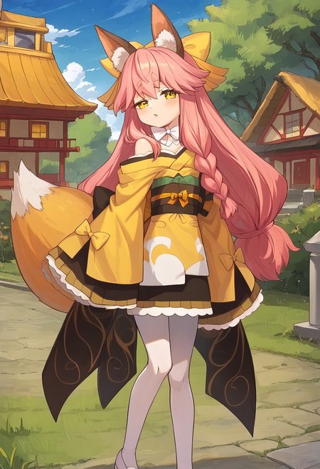 score_9, score_8_up, score_7_up, source_anime, prefect lighting, very aesthetic, intricate details, highly detailed background, masterpiece, high quality, prefect hands, best quality, 1girl, (shortstack:0.8), solo, <lora:aria.pony:1>, aria, pink hair, long hair, braid, yellow eyes, animal ear fluff, fox ears, fox tail, yellow hair bow, small breasts, yellow kimono, japanese clothes, long sleeves, sleeves past wrists, wide sleeves, white bow, bare shoulders, white pantyhose, obi, ribbon, white footwear, chestnut mouth, blush, outdoors, house, trees, night, night sky, looking at viewer, pov
