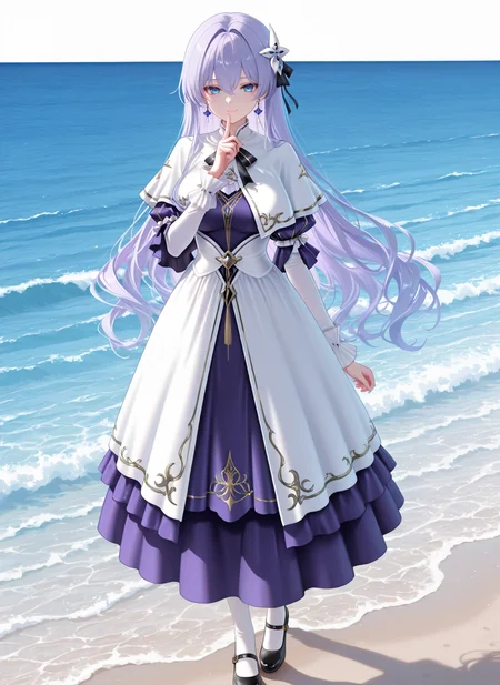 masterpiece,best quality,newest,absurdres,highres,soft shadows,year2024,mutou kurihito,(kimishima ao:0.7),(hiten \(hitenkei\):0.4),(sheya:0.4),
<lora:Cantarella youngXLNAI:1>,Cantarella (\young\),1girl,light purple hair,blue eyes,hair ornament,hair between eyes,mole under eye,earrings,white capelet,puffy sleeves,long sleeves,purple dress,white dress,
ocean,standing,finger to mouth,
smile,full body,mary janes,