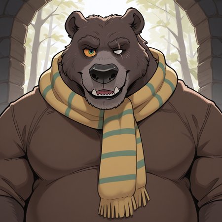 masterpiece, best quality, amazing quality, solo, 1boy, Papabear, bara,  scarf, eye scar, colored sclera, 