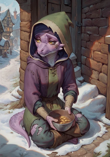 rating_safe, female,tiny chibi kobold beggar, wearing dirty medieval rugs,hooded, hood up ,torn clothes,sitting on ground and begging ,holding small wodden bowl with a single coin in hand ,comedy,detailed scales, dirty medieval pants,purple scales,sad , yellow eyes, snowy weather,solo,medieval fantasy alley in small village background, score_9, score_8_up, score_7_up, score_6_up
 <lora:Oil Gothic Painting Style SDXL_LoRA_Pony Diffusion V6:1><lora:cutesexyrobutts_style_xl_goofy:0.9>
