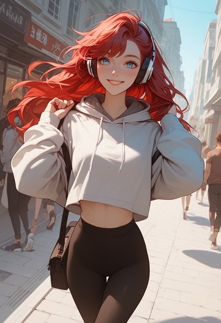 score_9, score_8_up, score_7_up, score_6_up, score_5_up, score_4_up, 1girl, (score_9, score_8_up:1.1),((( long straight hair,1,5))), (red hair:1.2), light blue eyes, slim, small breasts, pale skin, white pale ,shy smile ,HD32k,,grey crop hoodie, black leggings, walking, listen to music, headphones, looking away, pensive, Dutch angle, outdoor, urban scenario, smiling, hands on ears ,cowboy shot , looking at viewer
