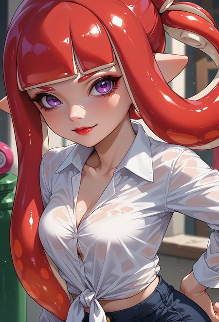 score_9, score_7_up, source_anime, BREAK <lora:SplatoonInkling_PD_v030:1> splatoon inkling, tentacle hair, mask, tied shirt, long sleeves, pantyhose under shorts,, seductive smile, red lips, 1girl, purple eyes, red hair, blunt bangs, low hair rings, medium breasts,