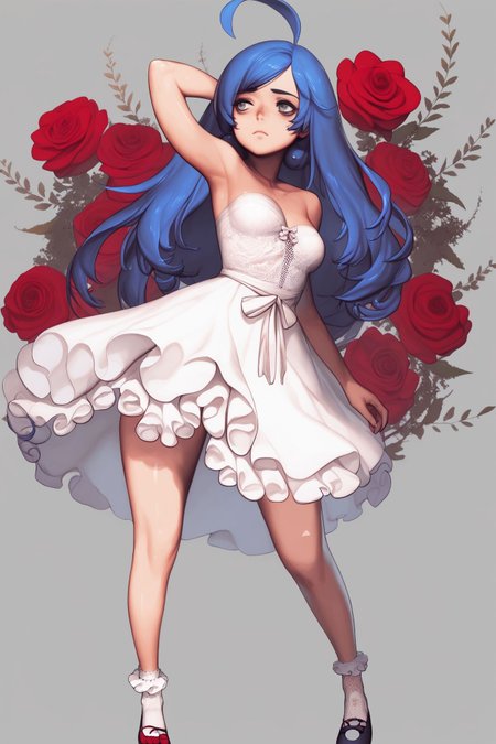 score_9, score_8_up, score_7_up, 1girl, head down, looking away, puzzled, dark_blue hair, round_fringe, messy_hair, dark_grey eyes, breasts,  , strapless dress, sheer, lace, frills, ribbon, hair bobbles, bobby socks, Rose_Champagne \(flower\), floral background, hands_behind_head, drama layer, sidelighting <lora:destiny_c_PonyXL_style_v02.07.01.10.05:1>