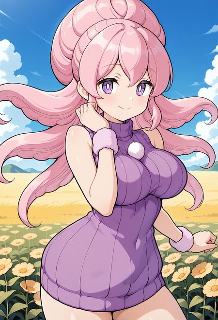 mochiko, white pupils, purple eyes, pink hair, long hair, wristband, bare shoulders, sleeveless, sweater dress, ribbed sweater, turtleneck, <lora:mochiko_illustrious_ver1:0.8> 
smile,, masterpiece, best quality, general,, 1girl, solo, (field:1.2), (blue sky:1.2), looking at viewer,, (cowboy shot, dynamic pose:1.4),