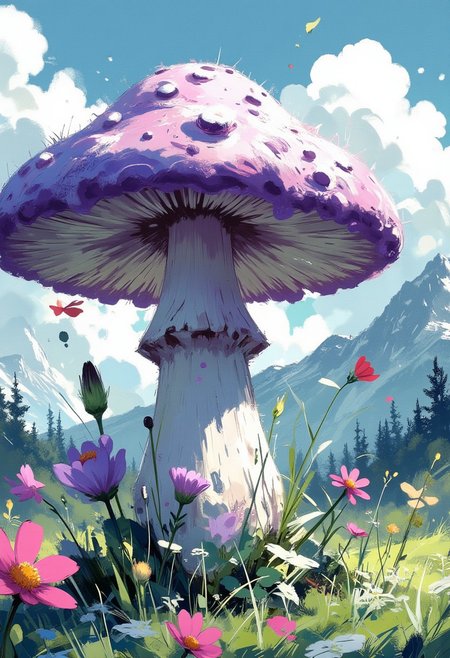 nistyle, in the style of ck-mgs, Mh1$AgThS2, intricate linework with unique furry mushroom with a soft, velvety texture grows in an alpine meadow surrounded by wildflowers. The mushroom's pale purple hue complements the vibrant colors of the meadow blossoms. clouds. A gentle breeze rustles through the grass and flowers, adding a sense of movement to the serene landscape, 32k, ultra HD, ultra-detailed, amazing quality, amazing artist, sharp edges, detailed textures, full view, atmospheric lighting, amazing visuals, An embroidered design Spring atmosphere