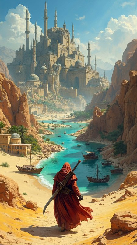 Epic fantasy artwork. Colored ink and oil painting. A sprawling ruined ancient city in the distance, surrounded by hostile desert lands, a vibrant oasis, ancient wooden shipwrecks, scattered minarets, distant sand dunes. A mysterious robed figure in the foreground caries a sheathed long curved blade on his back. An evocative scene, RPG, whimsical, arcane, hypermaximalism. 