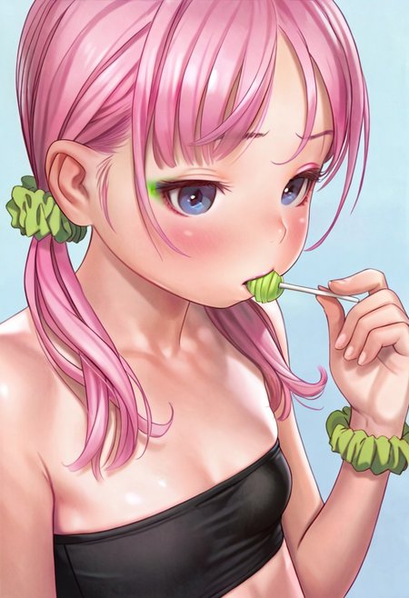 masterpiece, best quality, 1girl, solo, skinny, flat breasts, blue eyes, (pink candy hair, two pigtails), green elastic scrunchie, makeup, blush, black tube top, sucking green lollipop, lollipop in mouth, holding, portrait, blue background,
