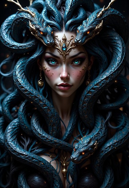 masterpiece, portrait of medusa, stunning goddess with mesmerising piercing bright blue eyes, and snakes instead of hair, HD32K, wallpaper, hyperdetailed, mythp0rt