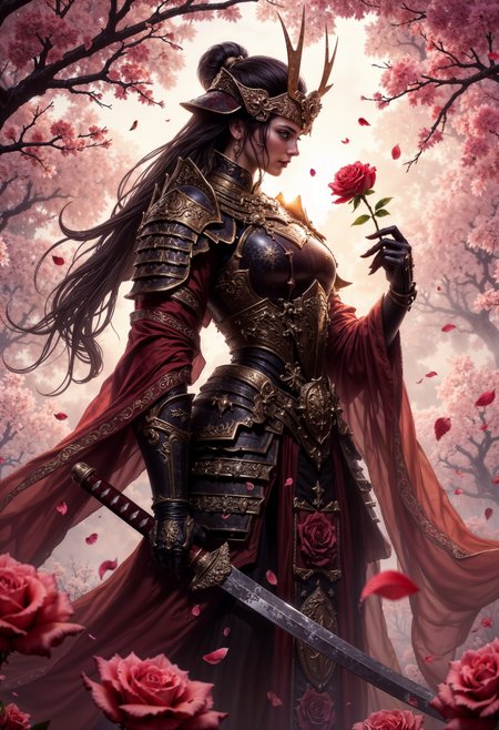 A female ronin in ornate samurai armor stands amidst a field of blooming cherry blossoms. The ronin holds a single rose delicately in her gauntleted hand, gazing down at it with a soft expression. Her long, flowing hair is adorned with small rose petals, carried by a gentle breeze. At her side, a large katana decorated with intricate engravings of roses rests against her leg. The sunlight filters through the petals, casting a warm, golden glow over the scene, enhancing the romantic yet powerful atmosphere.   <lora:dark_fantasy_flux:0.83> <lora:FredFraiStyle-FLUX-Share:0.63>, <lora:FluxMythP0rtr4itStyle:0.33> mythp0rt