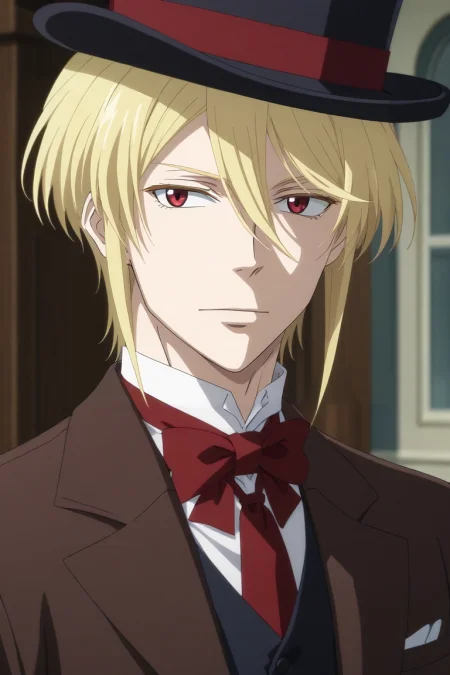 score_9, score_8_up, score_7_up, , rating_safe, intricate details, anime screencap, anime coloring, official style, , depth of field, 1boy, solo, male focus, <lora:william_james_moriarty_pony:0.76>, william_james_moriarty, blonde hair, red eyes, short hair, hair between eyes, top hat, , , texan costume, <lora:sdxl_lightning_8step_lora:1>