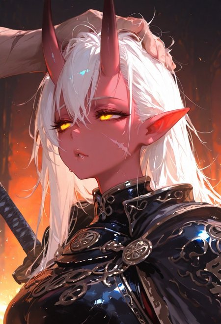 masterpiece, best quality, good quality, newest, highres, absurdres, uncensored,
BREAK 
detail background, very awa, absolutely eye-catching, (beautiful face), 
BREAK
amazing quality, best quality, ultra-detailed, 8K, illustration, CG, ultra-detailed-eyes, cute girl, eyelashes
BREAK
(sexy, slutty, hot, aroused) 
Aka-Oni, oni, colored skin, red skin, straight horns,
BREAK
oil painting (medium), 1girl, soft lips, glossy lips, pointy ears, detailed eyes, glowing eyes, muscular woman, armor, cape, leather armor, scar, scars on face, white hair, long hair, messy hair, black armor, black leather, hair slicked back, hand on head, sword,