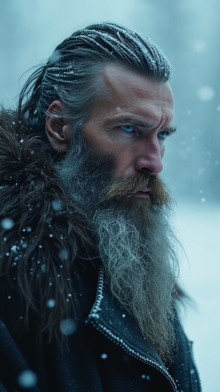 Candid Cinematic shot of a Rasputin as futuristic russian monk, stood with back to the icy stormy Mosco . snow storm crashing over him. pearcning blue eyes, long beard, long straigh hair. muscles, he was a distinctive figure with a striking appearance. He possessed a commanding presence, standing tall at around 6 feet 4 inches, with a sturdy and muscular build. His penetrating, intense blue eyes seemed to hold a mysterious depth, capable of captivating those who met his gaze. Rasputin's face was rugged and weathered, adorned with a thick, wild beard and long, flowing hair that cascaded down to his broad shoulders, giving him an air of untamed charisma. His facial features were pronounced, with a prominent nose, strong jawline, and high cheekbones. Rasputin's overall countenance was enhanced by a mix of magnetic charm and an enigmatic aura, which made him both intriguing and unsettling to those who encountered him. , Neuron, Kintsugi