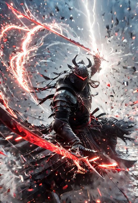 1man, armored samurai in black samurai armor, wearing samurai helmet and armor, Incoming sword, broken glass, brave perspective, reflection, glowing lightning slash, red katana, red lightning, shatter, holding sword, glowing sword, motion blur, emphasis line, outdoor in the darkness, looking at viewer,