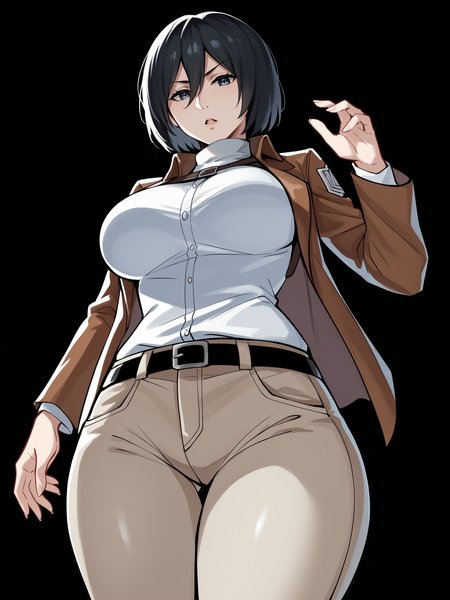 score_9, score_8_up, score_7_up, score_6_up, score_5_up, score_4_up,
BREAK
1girl, mikasa ackerman,
BREAK
solo, standing, thick thighs, thigh gap, brown jacket, brown pants, large breasts,
BREAK
black background, simple background, angled shot, dynamic pose, dynamic angle, <lora:Lunas-Artsheops-SDXL-A1:1>