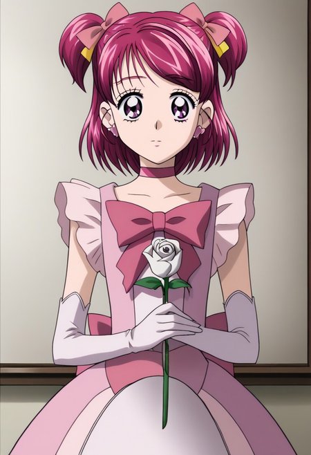 masterpiece_portrait, high quality, canvas, anime_art_style, cartoon, yes precure 5, yumehara nozomi, 1girl, flower, two side up, gloves, solo, pink hair, bow, rose, choker, elbow gloves, dress, eyelashes, white rose, short hair, pink bow, pink eyes
