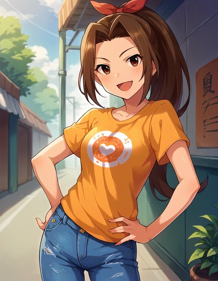 score_9,score_8_up,score_7_up,1girl,solo,cowboy shot,smile,open mouth,looking at viewer,hand on hip,outdoors,
<lora:ainonagisa_ponyXLV6:0.8>,cgang,
brown hair,ponytail,brown eyes,
hair bow,red bow,orange T-shirt,denim