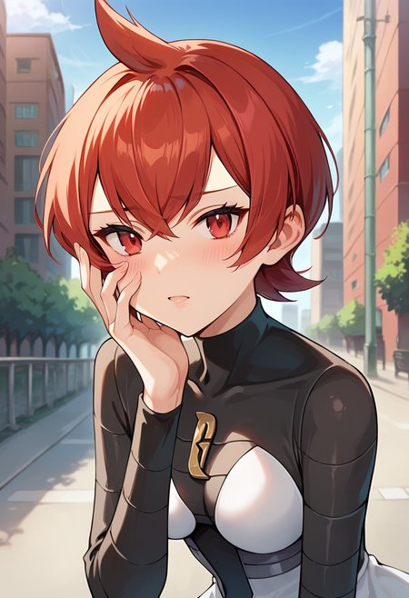 score_9, score_8_up, score_7_up, source_anime, masterpiece, 1girl, red hair, ctianm4rs, bodysuit, short dress, outdoors, city, depth of field, looking at viewer, close-up, blush, hand on face, <lora:Mars_pokemon_pony_ct_version2:1>