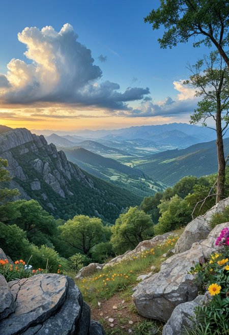 a vibrant colorful photo of a sunset in the rocky mountains 
 outdoors, Tree, Flower, Location , Scenery , Cloud