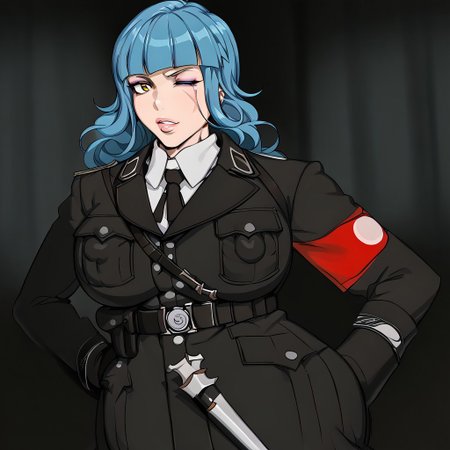 score_9, score_8_up, score_8, anime style, source_anime, BREAK, Kunaboto, 2d, anime, scar on the face, burn on the face, sexy face, makeup, eyeshadow, gyaru girl, bimbo girl, bimbo lips,thighs lips,  blue hair,long hair, right eye is orange,  left eye closed, 1girl,solo busty female, venus body, upper body, wide hips, thick thighs, big hips, huge breasts, huge ass, voluptuous, 
slutty, curvy, bottom heavy, erected nipples, covered nipples, little muscular, small waist, big ass, big thighs, busty, curvaceous, curvy figure, hourglass figure, huge ass, large ass, thick hips, thick legs, top heavy, voluptuous female, areola slip, plump,  top heavy, areola, large areola, big butt, big nipples, breasts bigger than head, female only, huge areola, muscular thighs, nipple bulge, nipple outline, nipples visible through clothing, textless, thighs bigger than head, thighs bigger than torso, chubby female, curvy ass, puffy nipples, narrow waist, breasts bigger than torso, plump thighs, hands on hips, rating_safe, xssuniformx, military uniform, black jacket, long sleeves, necktie, shoulder strap, belt, black skirt , gloves, garrison cap, armband, knee boots, background battlefield