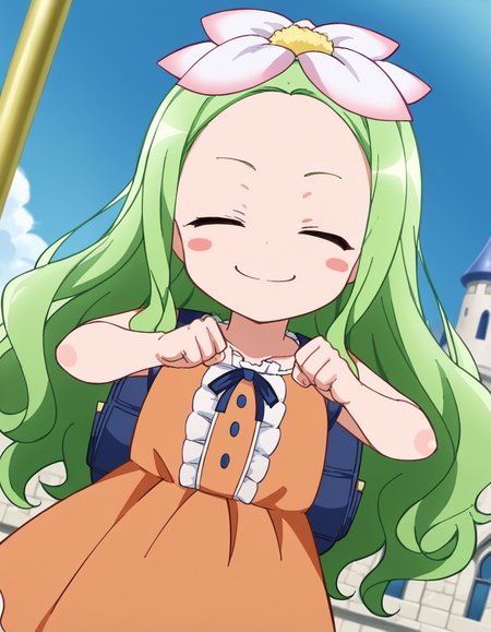 score_9, score_8_up, score_7_up, source_anime, <lora:celine-darkness-ponyxl-lora-nochekaiser:1>, celine, long hair, blue eyes, hair ornament, flower, green hair, hair flower, wavy hair, blush stickers,, dress, backpack, orange dress, frills,, floating castle, sky, magical, clouds, fantasy, smile, <lora:shikairo-days-dance-ponyxl-lora-nochekaiser:1>, shikairo days dance, shikairo days dance (meme), dancing, meme, closed eyes, clenched hands, glowsticks, blush, smile,, looking at viewer, solo,, dutch angle, cowboy shot