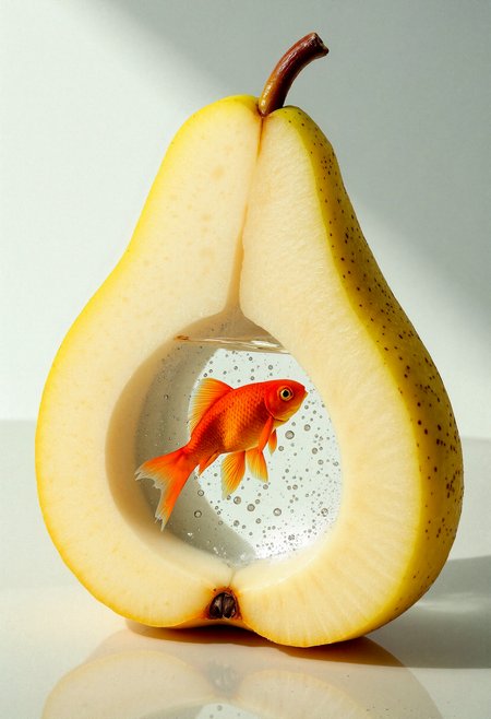 "A hyper-realistic pear split in half, its interior crafted into a crystal-clear aquarium filled with sparkling water. Inside the water, a vibrant goldfish with flowing fins swims gracefully, surrounded by small, shimmering air bubbles. The pear’s textured yellow-green skin is dotted with realistic speckles, and its stem protrudes naturally from the top. The pear is placed on a smooth, reflective surface that softly catches the golden hues of the scene. The background is minimalistic and softly lit, highlighting the surreal yet naturalistic beauty of the composition."















