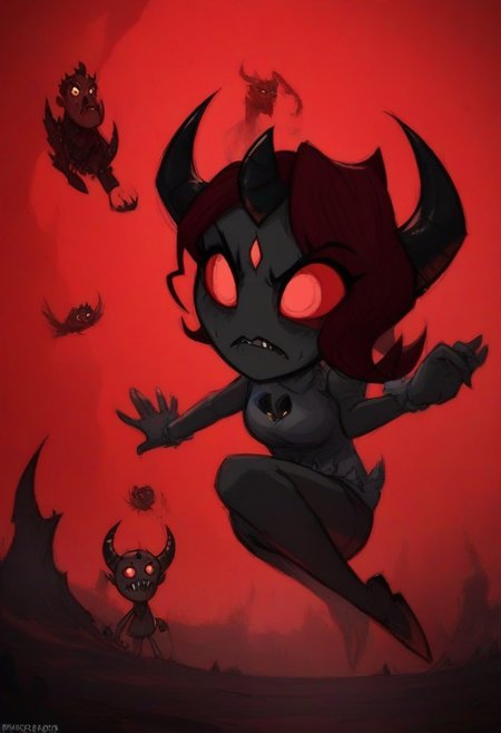 1girl, bestia-isaac, horns, short hair, red hair, red eyes, colored sclera, red sclera, colored skin, black skin, demon girl in darkness floating in crimson red sky