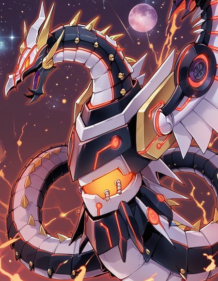 (score_9:0.9),score_8_up,score_7_up,rating_safe,(zPDXL3),
<lora:Cyber Dragon Infinity ponyXL v1.12:0.8>,
 cyber dragon infinity, spikes, solo, open mouth, glowing, from side, space, mecha dragon, no iris, no pupils