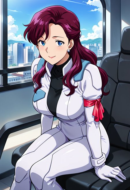 ((masterpiece, absurdres)), best quality, amazing quality, newest, 4k, anime coloring, very aesthetic, ray tracing, Smooth Quality, CG,city view,Junko, 1 mature female, purple hair, long hair, ear accessory, blue eyes, smile ,pilotsuit, turtleneck t-shirt, arm ribbon, sitting