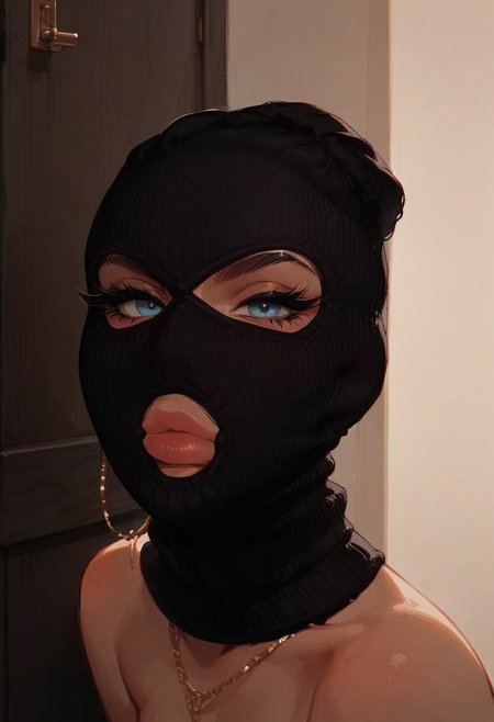 score_9, score_8_up, score_7_up, score_6_up,
rating_explicit, 1woman, sexy thief, black mask,  threeholkn1tskimask,  big natural lips, perfect round breasts, thick eyelashes, light-blue eyes, looking at viewer, naughty, closet mouth, from side, close-up,  focus on eyes
