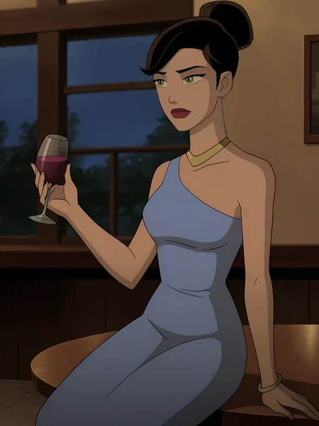 <lora:Rebecca_Holiday:0.8>, rebecca_holiday, 1girl, solo, green eyes, brown hair, hair bun, red lips, gold necklace, blue dress, evening gown, sitting, on table, holding cup, wine, restaurant, night, window