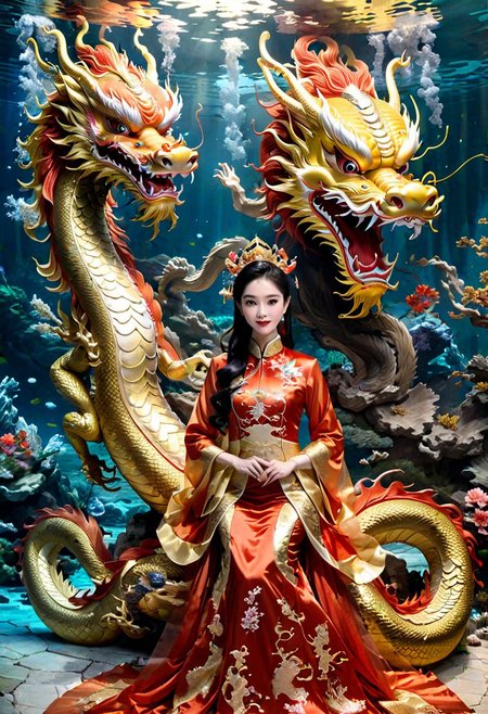 Chinese Dragon and Pretty lady, celebration Chinese New Year in the palace, under water world.