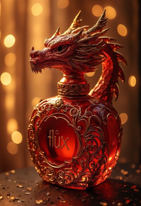 Dragon head perfume bottle, burgundy gold, transparent, openwork, golden shimmer, text in bootle:"Flux", background shimmering curtain of lights, high detail, filigree, aesthetic
