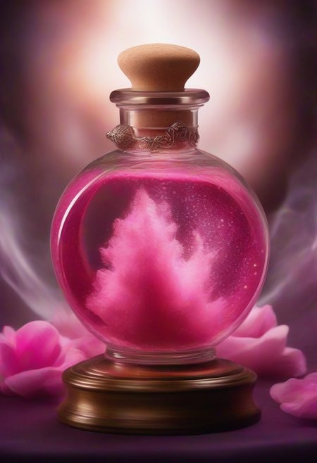 Score_9, Score_8, Photorealistic magic potion, intricate glass bottle, vibrant pink and white colors, ethereal light, wax seal, cork, dynamic reflections, magical aura, highly detailed, fantasy essence, glowing particles, radiant aura