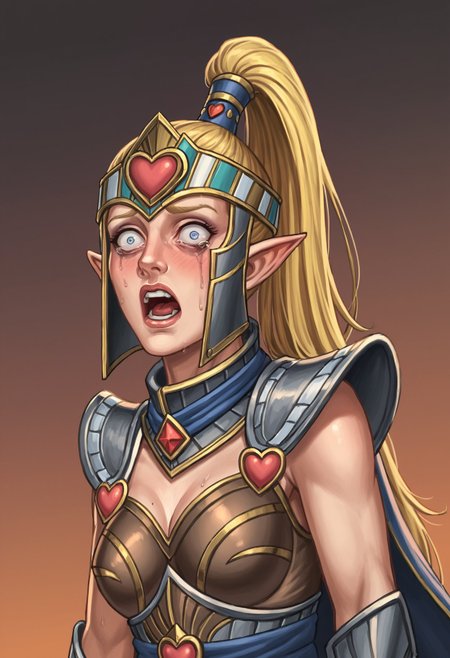 score_7_up, score_6_up, a20t43c-dh, dutch angle BREAK, scared, terrified,HandmaidenoftheEverqueen, armor, long hair, ponytail, pointy ears, heart motif, looking at viewer  <lora:Artist_Style_-_a20t43c:1> <lora:add-detail-xl:0.3> <lora:Handmaiden_of_the_Everqueen_PonyXL:0.7>