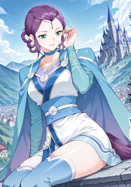 <lora:Feng_Qing_Er__Battle_Through_the_Heavens__Illustrious:1>
1girl, solo, purple hair, braided bun with hair tail, hair rings, hair bun, side bangs, forehead jewel, green eyes, anime style, blue and white outfit, oriental dress, short dress, battle robe, split sleeves, shoulder cape, high collar, gold accents, sash belt, blue thighhighs, thigh-high boots, zigzag trim, symbol buttons, gemstone accessory, martial artist, blue choker
score_9, score_8_up, score_7_up, very aesthetic, source_anime, detailed, high quality, beautiful, masterpiece, detailed eyes, castle, village, blurry background, cityscape, pose dynamic angle, light smile, open mouth, hand on hair, sitting, <lora:iLLMythG0thicL1nes:1>