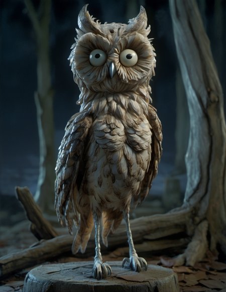 stopmotion, Civetta: Owl-like, Shapeshifting, Guardian, Wise, Nocturnal, Watchful, Mystic, Omen. <lora:STOPMO_1.12_RC:0.9>