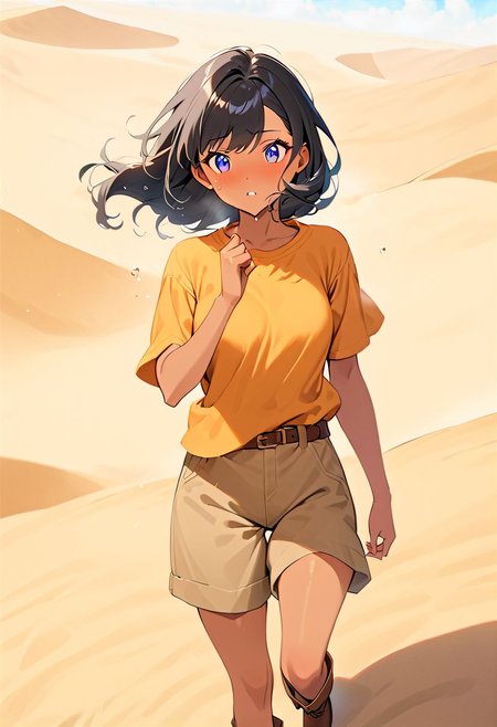 <lora:more_details:1>, drawn by master artist, tan skin, beautiful detailed skin, beautiful eyes, best quality, high quality, vivid colors, everything in sharp focus, very long black hair styled straight, dark blue eyes, full body, 
Protecting eyes with hand, outdoors, loose orange cotton tshirt, (brown shorts), orange and white baseball cap, brown belt,  brown boots, sweat,  dolly shot, medium breasts, sandy desert, large sand dunes, lens flare, , raging sandstorm, hair blowing in wind, sand blowing in wind, struggling to walk through sand storm