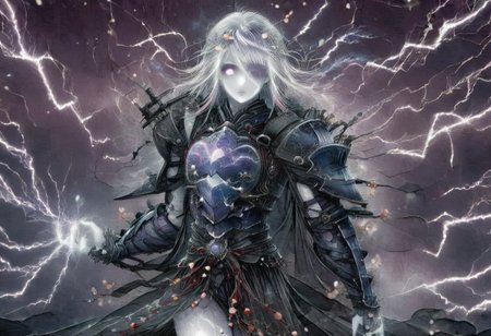 (Masterpiece:1.3), (best quality:1.2), (detailed background:1.1), (intricate details:1.1), (detailed background:1.2), 1girl, solo focus, standing, perfect anatomy, 
bleakfaith,
source_anime, night sky, dark cloud background, sky background, thunder on background, only purple lightning, purple sparks,
BREAK
watercolor, chinese,traditional,
BREAK
(purple hair:1.2),(pale skin:1.3), (white skin:1.5),1girl,solo, mysterious, vivid color, shiny, (short purple hair), bob cut hair, purple eyes,glowing purple pupils, human ears, sparks from one eye,
laugh arrogantly,
BREAK
Clothes(dark suit,armor, lion chest plate), lightning, dark purple thunder, chinese style, 
spraks in hand,
BREAK
looking at the viewer, front view, full view,
best quality, ultra-detailed, absurdres, detail face, best quality, hires textures, high detail, (4k),incredibly detailed
NegativeDynamics,