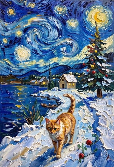 An oil painting shows heartwarming Christmas scene, lovely warmth colors, gold white cat walking on path, snow and ice and a frozen lake, Christmas tree in background, background is the star night from the painting Van Gogh, oil brush