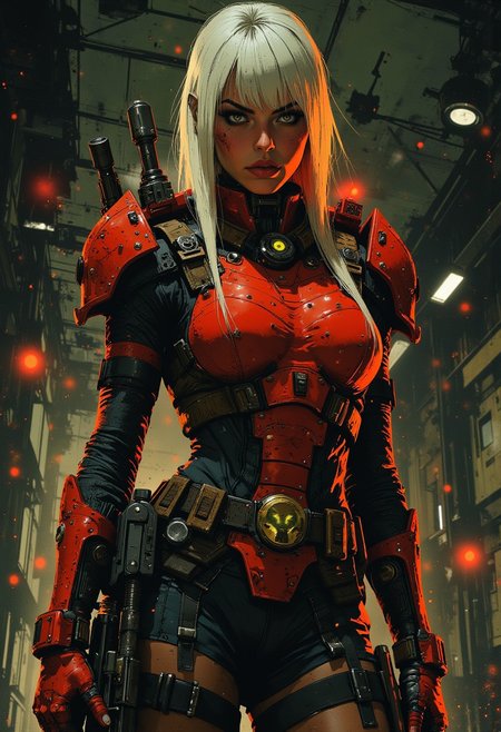 female space pirate in red and black power armour, helmet based on an alien skull, long straight-cut white bob, bangs, dramatic make-up, holding assault rifle, in fortress stronghold, dynamic image, cinematic, mythp0rt