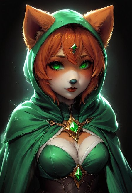 aclchibi, chibi, suurin, animal ears, tail, (emerald) hair, (orange) fur, furry female, body fur, fur, detailed fluffy fur, animal ear fluff, fur pattern, animal nose, snout, canine,  in absolute darkness, profoundly no light, holding black-emerald heart shaped orbstaff, 
pointed hat, translucent skin, Describe the captivating scene captured in the vintage photograph featuring a Bedouin artist skillfully swallowing a massive sword in the style of Final Fantasy, amidst a mesmerized audience. Provide details about the artist's attire, the sword's intricate design, and the expressions of the onlookers as they witness this extraordinary performance., amazing quality, masterpiece, best quality, hyper detailed, ultra detailed, UHD, perfect anatomy, portrait, dof, hyper-realism, majestic, awesome, inspiring, closeup, an weathered outworn old Fantasy cape, smooth, Closeup, by Dring, rust paint peelz, atmospheric haze, cinamatic composition, soft shadows, national geographic style