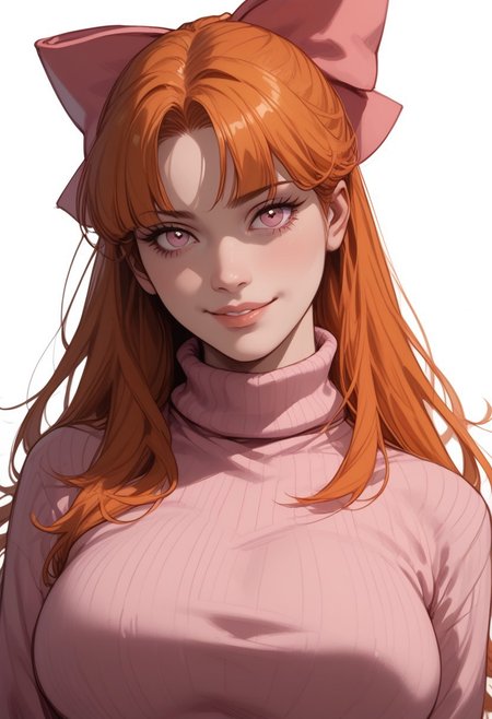score_9, score_8_up, score_8, score_7_up, score_7, ((close up)), face focus, Expressiveh
BREAK
1girl, solo, Blossom (Powerpuff girls), orange hair, long hair, bow, pink eyes,  large breasts, looking at viewer, head tilt, seductive look, aroused, horny, standing, pink turtleneck sweater, light smile
BREAK
white background