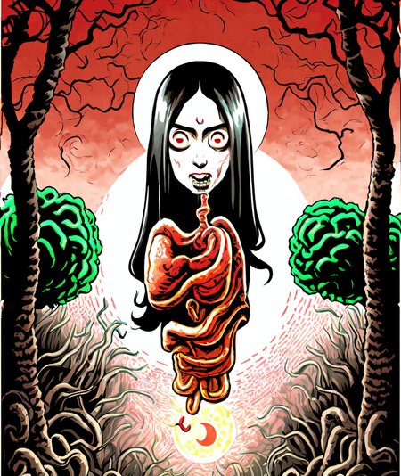 (todkosum style,by lovecraft,junji ito style:1.4) white background<lora:krasue_152:1>(krasue (a flying woman head:1.2) with human organ lung (heart:0.7):1.2) (Thai temple,forest,nightscene,Moon,:1.3) <lora:krasue_152:0.8>blood