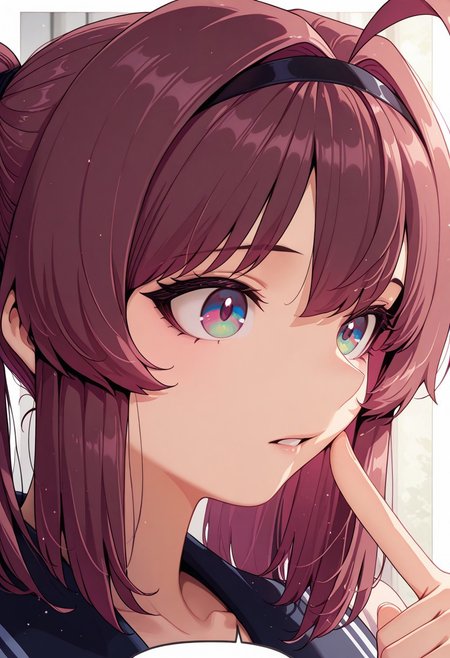 1girl, solo, masterpiece, best quality, newest, absurdres, CG, anime, source anime, illustration,  nyalia lora:Someone_Stop_Her_-_Manhwa__Illustrious:1>
BREAK 1girl, solo, Lynn Yu,brown hair, ahoge, black diadem, multicolored eyes, magenta eyes, black eye pupils, twin ponytails
beige shirt, black shirt collar,
closeup, closeup to face, portrait, outside border
simple background
light particles, cinematic angle, alternate angles, alternate detailed background, beautiful background, (rays light:1.0),(grow:1.0)