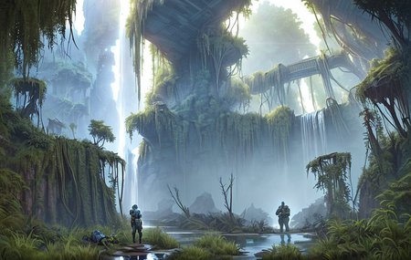 2wimen, 2men, (science fiction (explorer outfit:1.1)) standing in front of waterfall, shallow water, (overgrown:1.16) ruins in background, 
 <lora:Wasteland:0.75> Wasteland, the, and, with, wasteland, (intricate detailed background:1.1),
(wide angle:0.8), perfect lighting, early morning light, blue soft light,