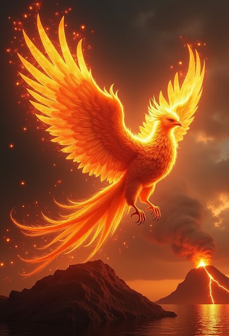 A majestic phoenix reborn from digital, ashes in a blaze of holographic flames,
Background of fire, and an island with a volcano erupting,