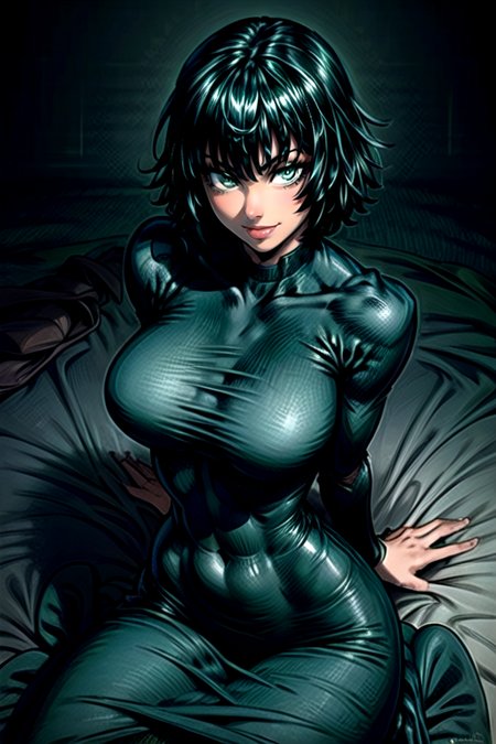 best quality, masterpiece <lora:Fubuki2:1> <lora:more_details:1> fubuki2, 1girl, solo, breasts, looking at viewer, smile, short hair, bangs, large breasts, black hair, long sleeves, dress, sitting, green eyes, artist name, black dress, covered navel, arm support, on bed, hand on own chest, green dress, impossible clothes, taut clothes, taut dress